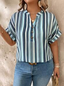 EMERY ROSE Camisa de talla grande con cuello en V a rayas de colores y mangas enrolladas - Multicolor - Ver 1