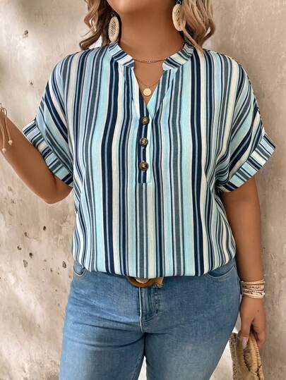 Linhara CURVE Plus Size Colorful Striped V-Neck Shirt With Rolled Up Sleeves