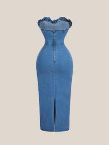 Selenza 女士花卉装饰修身牛仔抹胸连衣裙，带系带 - 藍色 - 查看 2