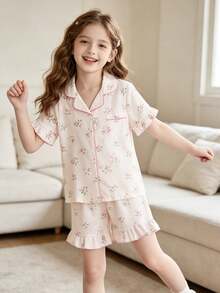 Genkimix Kids 2件組青少年女孩夏季可愛粉色與白色花卉印花睡衣，翻領短袖鈕扣上衣與配套短褲居家穿著睡裙 - 彩色 - 查看 5