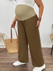 Plussiva Celana Panjang Kasual Lurus Warna Polos untuk Wanita Hamil Ukuran Besar dengan Kantong Miring - Unta - View 7