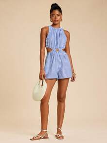 Travachic Bộ jumpsuit nữ không tay, khoét eo, kẻ sọc, thích hợp cho kỳ nghỉ, trang phục mùa hè cho phái nữ, jumpsuit mùa hè. - Xanh và trắng - Xem 7