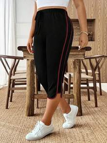 SHEIN CURVE+ Quần ống rộng kẻ sọc dáng thanh lịch, thường ngày, kiểu dáng thể thao, thắt nơ dành cho nữ cỡ lớn. - Màu Đỏ Sâu - Xem 6