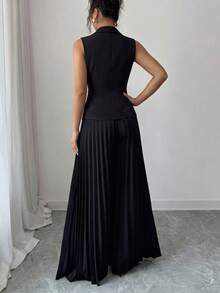 Elenzga Chaqueta de blazer negro elegante de oficina con diseño de solapa + Pantalones anchos de pierna plisada negros elegantes de oficina, primavera/verano - Negro - Ver 2