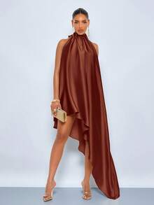 SOLERSUN Spring/Summer Women's Elegant Party/Wedding Glossy Fabric Sleeveless Asymmetrical Dress. - Brown - View 6