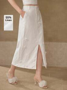 MOTF PREMIUM 100% LINEN APPLIQUES THIGH SLIT SKIRT, SUMMER WHITE SKIRT - White - View 2