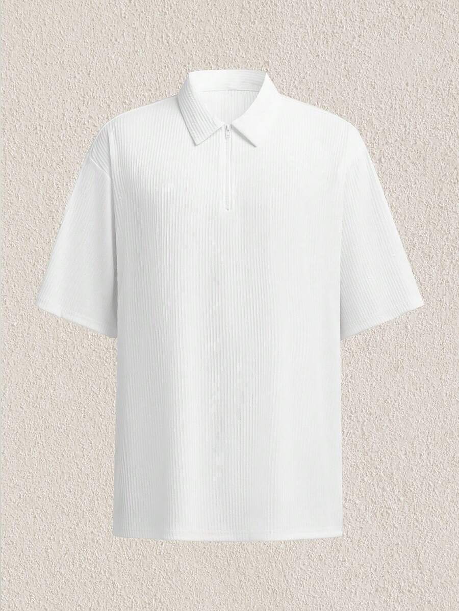 Mercer Haus Zrgoth 男士休闲百搭针织纹理条纹 Polo 衫短袖 T 恤，春夏款 - 白色 - 查看 1