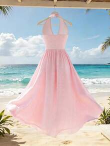 Selianne Women's V-Neck Cinched Waist Fitted Textured Fabric A-Line Slit Dress, Fashionable For Spring/Summer Vacation Golf Pastal Sexy - Pink - View 2