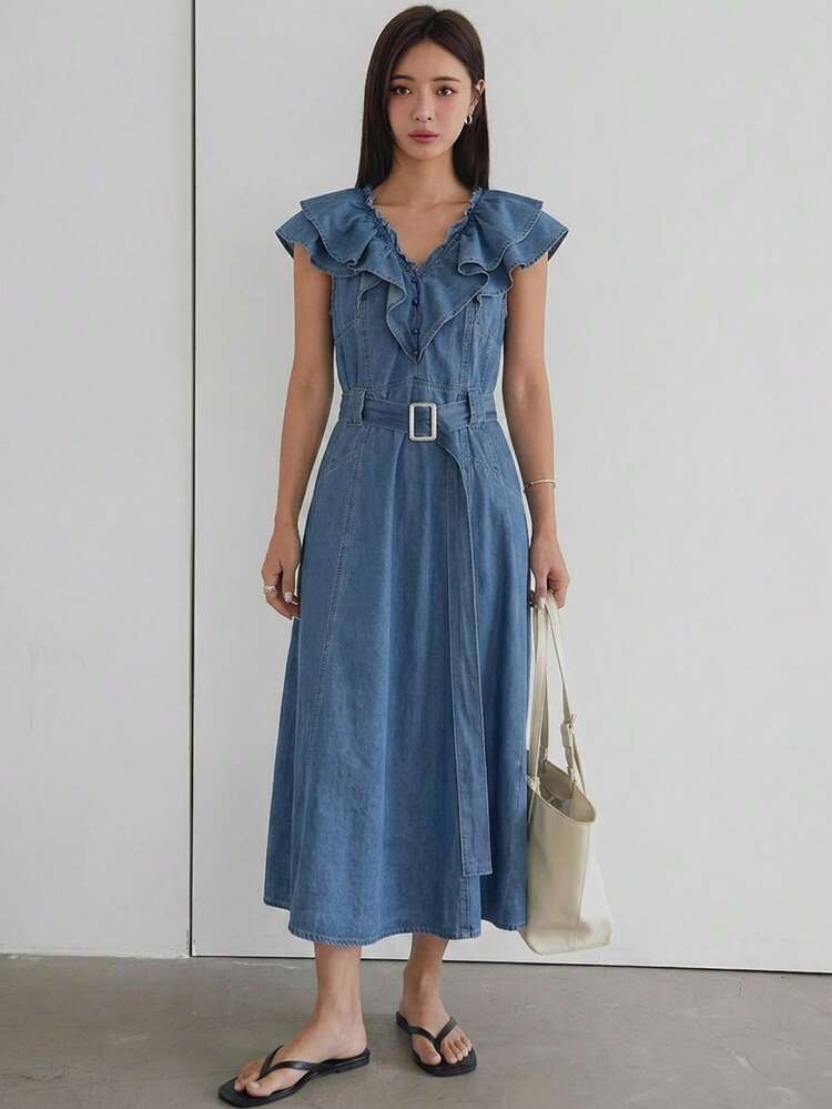 Women's Casual Denim Dress With V-Neck, Button Design And Ruffle Hem Summer