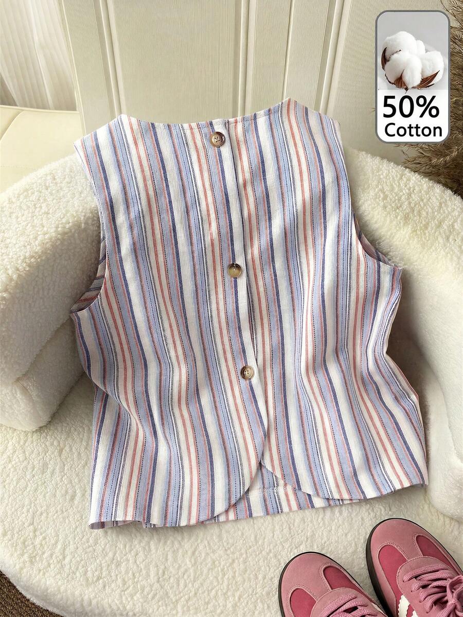 SHEIN LUNE Women's Casual Striped Sleeveless Button-Up Shirt,Summer Top - Blue - View 1