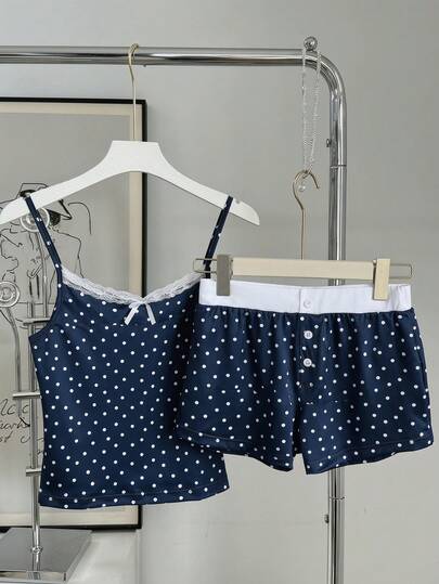 少女夏季休闲百搭家居服套装，甜美可爱少女BM风格蕾丝拼接波点印花吊带背心上衣和短裤紧身背心套装