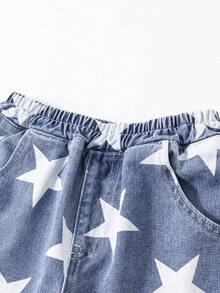 Tween Boys Denim Shorts,Blue And White Striped,Summer,Casual,City Break,Cotton Washed Star Print Multi-Pocket Elastic Waist Wide Leg Cargo Shorts - Blue - View 9