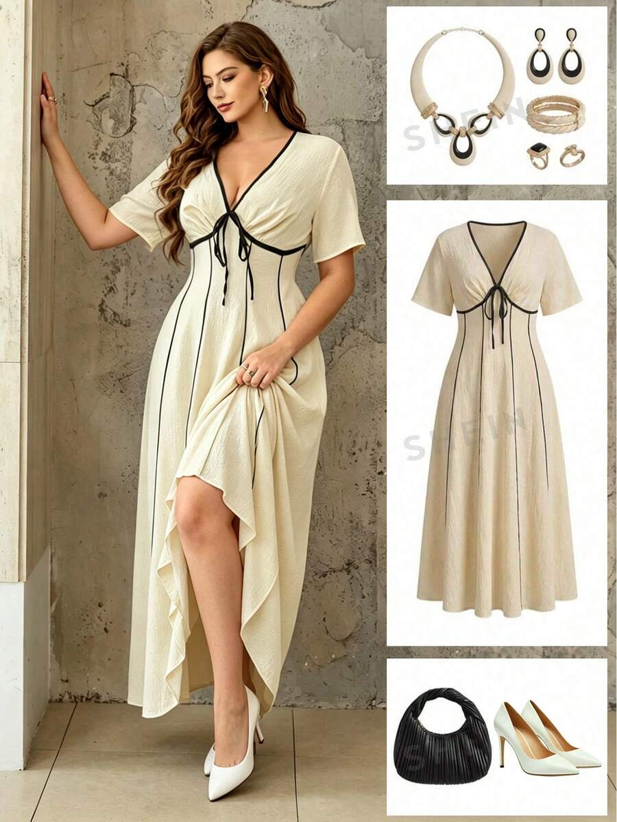 Roveilla Đầm dài tay ngắn màu trơn thanh lịch dành cho nữ cỡ lớn, phối viền tương phản, xếp ly ở eo, thích hợp cho mùa xuân/hè. - Màu be - Xem 1