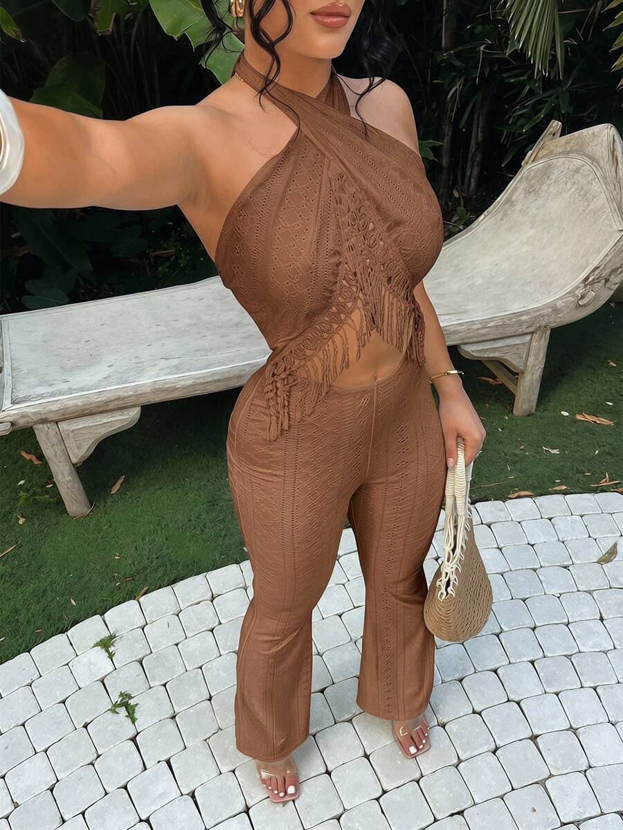 SHEIN SXY 女士性感露背吊带流苏细节喇叭连体裤，夏季 - 棕色 - 查看 1