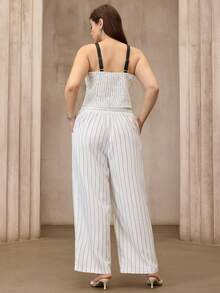 Flouryn Women's Striped Patchwork Black Webbing Camisole Paired With Striped Straight-Leg Pants, Daily Commute 2 Pieces Set - Black and White - View 2