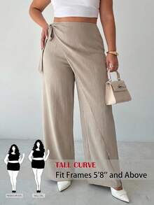 SHEIN Tall CURVE CURVE 大尺碼女款高個子卡其色夏季休閒寬腿長褲，綁帶高腰優雅長褲，適合度假、儀式與派對穿著 - 杏色 - 查看 2