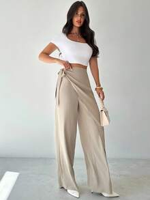 SHEIN Tall CURVE CURVE 大尺碼女款高個子卡其色夏季休閒寬腿長褲，綁帶高腰優雅長褲，適合度假、儀式與派對穿著 - 杏色 - 查看 7