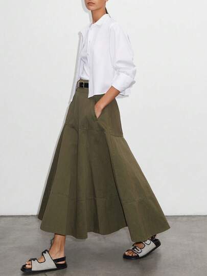 Briarwyn 优雅纯色高腰拼接A字裙，修身通勤休闲复古风日常穿着OL长裙