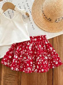 SHEIN LMoss Kids LMoss Baby Girl Knit Solid Color Camisole + Printed Chiffon Mini Skirt 2 Pieces Set - Multicolor - View 5