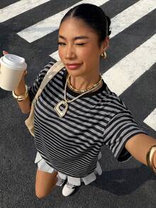 Muchica 女款黑色條紋針織休閒T恤，Pinterest風時尚女裝商務休閒上衣，夏季日常穿搭上衣 - 黑色 - 查看 5