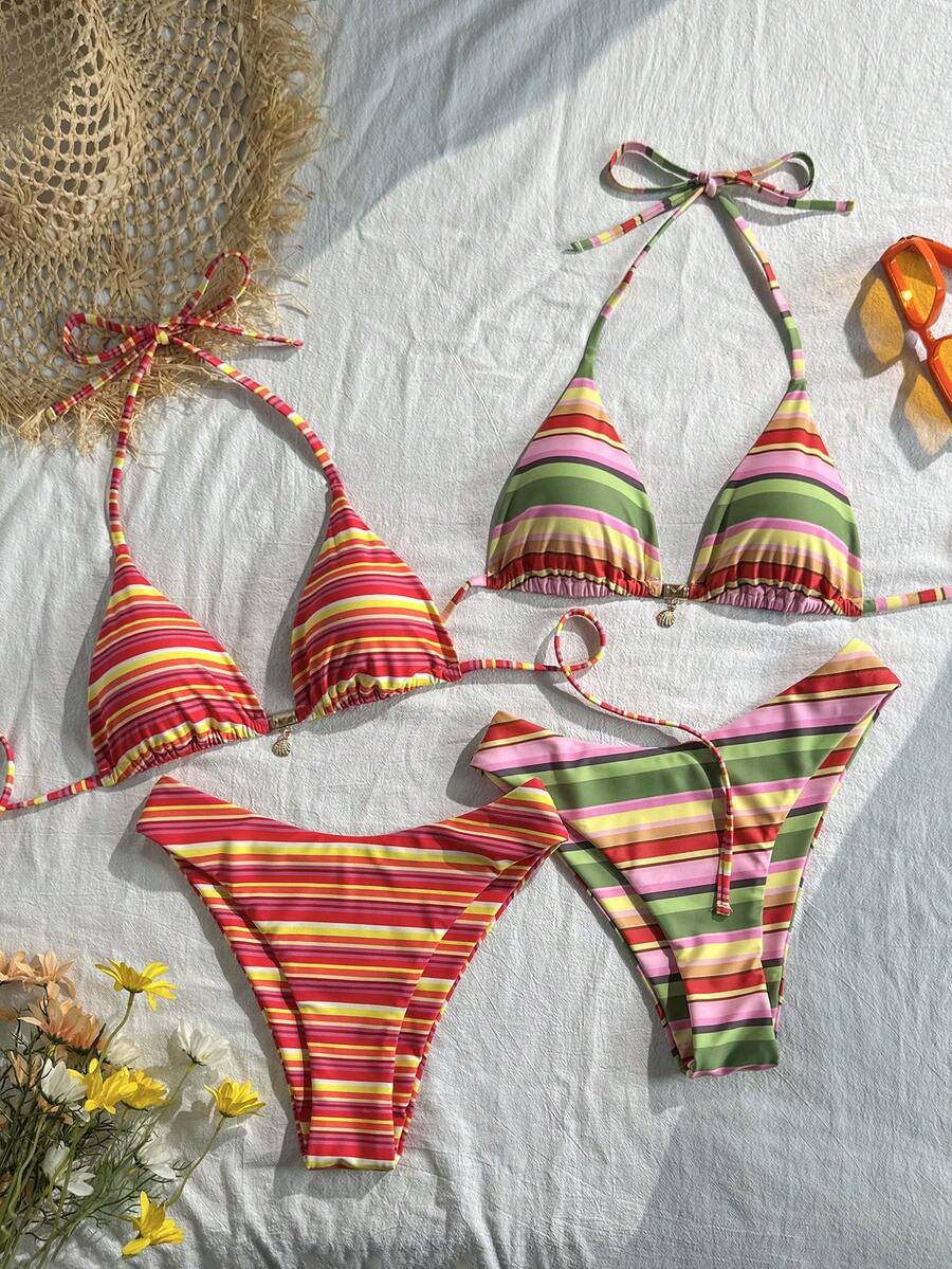 Swim Mod Bộ bikini 4 mảnh cổ yếm kẻ sọc nhiều màu sắc mùa xuân/hè 2026 thích hợp cho kỳ nghỉ biển. - Nhiều màu - Xem 1