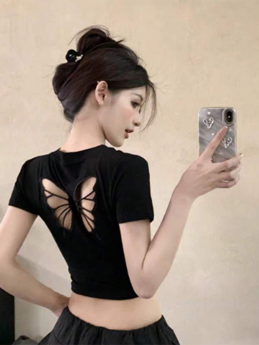 Tideelle Áo thun nữ tay ngắn khoét hình bướm hở vai - màu đen - Xem 1