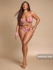 SHEIN BAE Plus Size Women's Red Beaded Bikini Bottom Summer Beach Vacation - Red - View 3