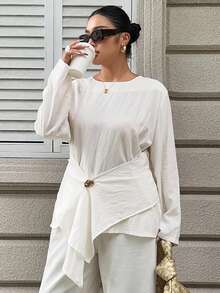 Dazy Plus Textured Waist-Cinching Elegant Commuter Gold Decor Long Sleeve White Blouse, Plus Size, Spring/Summer Resort Style - White - View 1