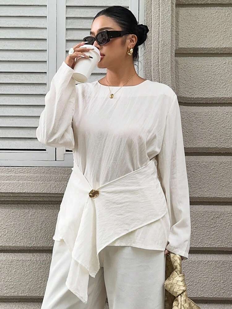 Dazy Plus Textured Waist-Cinching Elegant Commuter Gold Decor Long Sleeve White Blouse, Plus Size, Spring/Summer Resort Style