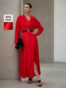 MOTF PREMIUM WOMEN'S FOLD PLEATED FLARED HEM LONG SLEEVE LINEN DRESS, SPRING/SUMMER - Red - View 2