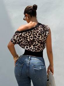 SHEIN SXY Black Elegant Lace Splice One-Shoulder Collar Blouse,Great Quality,Short Sleeve,Daily,All Over Print,New,Night Out,Leopard Print , Cheetah Print , Cute Top Lace Tops For Women Leopard Mesh Top - Multicolor - View 2