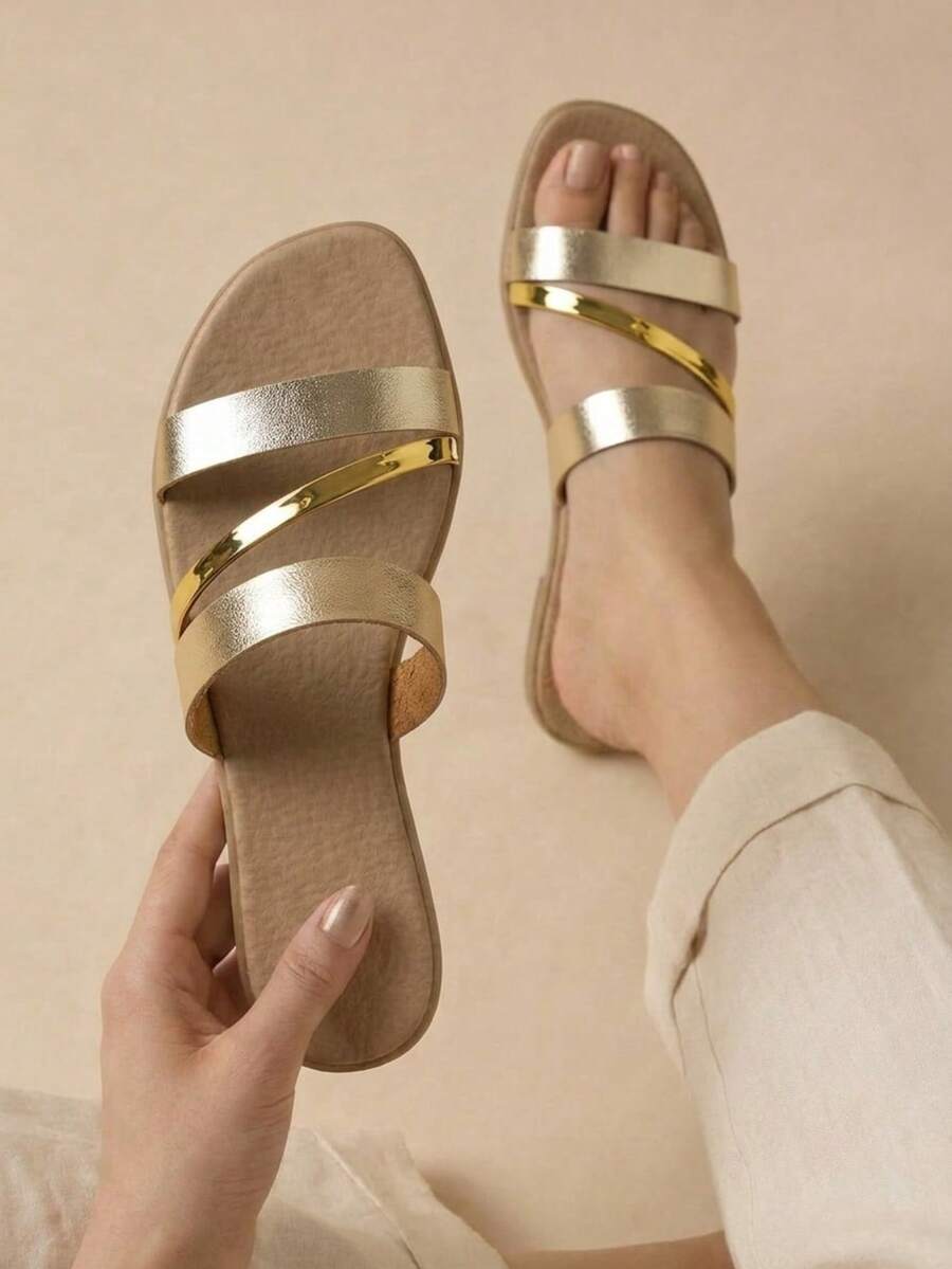 金色、玫瑰金和银色平底凉鞋 - Golden - 查看 1