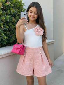 Elladie kids 两件套女童夏季套装，无袖吊带背心+黄色短裤，吊带背心采用细肩带设计，饰有黄色小花；黄色短裤采用提花面料，饰有珍珠和蓝色抽绳，甜美可爱，适合女孩日常穿着和居家穿着。 - 粉色 - 查看 4