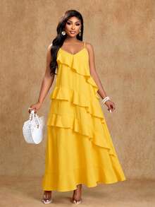 Brilight Women's Elegant Yellow Summer Tropical Garden Party Vacation Holiday Dress, Spaghetti Straps Irregular Lotus Leaf Hem Beach Sundress - Yellow - View 7