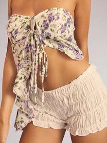 Aralina Summer Women's Textured Sheer Floral Printed Self Front Tie With Ruffle Top Party Or Beach Outfit - Multicolor - View 5