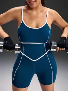 Powerista Mono deportivo de talla grande para mujer con contraste de ribete y espalda cruzada sin espalda para el verano - Azul - Ver 7