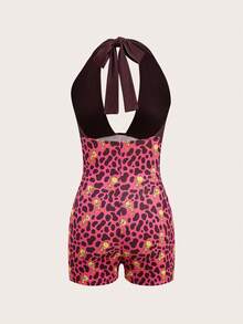 Slaydiva LOONEY TUNES X SHEIN Women's Casual Cartoon Collab Leopard Print Contrast Color Sexy Ruched Backless Halter Romper, Suitable For Summer - Multicolor - View 7