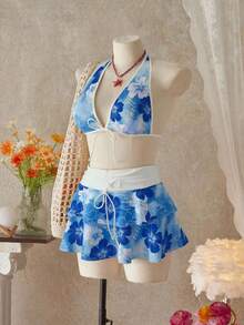 Bellisia Conjunto de 3 piezas de bikini de estilo casual de vacaciones con falda, top halter y patrón de flores para mujer, ideal para playa y festivales de música de verano - Multicolor - Ver 4
