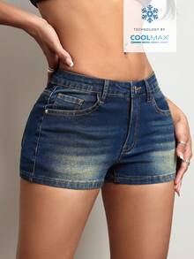 SHEIN Jeanoir Quần short denim nữ dáng ôm, đa năng, có túi. - Rửa tối - Xem 4