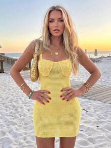 Selianne 女士优雅修身露背系带无袖针织迷你连衣裙，适合海滩和夏季穿着 - 黃色 - 查看 3
