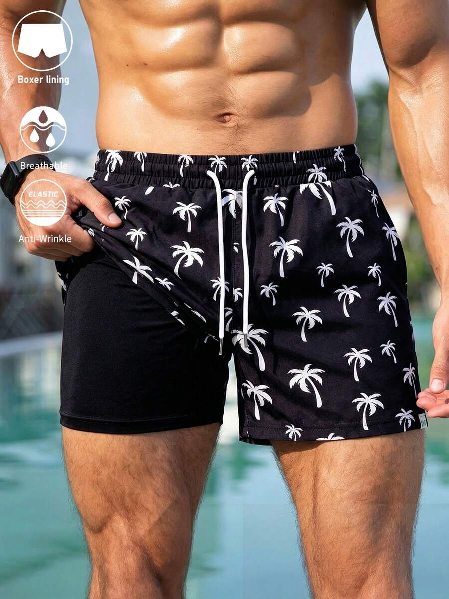 Manfinity KASUA Men's Summer Vacation Coconut Tree Print Drawstring Waist Beach Shorts - Multicolor - View 1