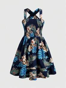 SHEIN 少女热带植物印花连衣裙，后背交叉蝴蝶结装饰，收腰设计，适合日常通勤、夏季海滩、度假、休闲穿着。 - 彩色 - 查看 6