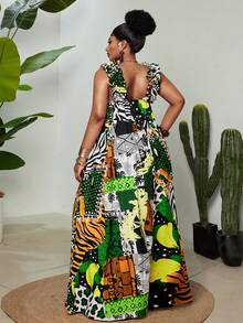 Maweii Plus Size Women's Black And White Contrasting Print Summer Boho Vacation Holiday Dress, Colorful Asymmetric Ruffle Edge Suspender Tropical Long Dress - Green - View 2