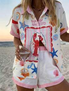 Vaclyn Women's Letter & Lobster Print Button-Up Top And Shorts Casual Outfit - White - View 1