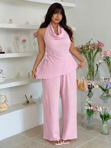 GalTyme Bộ 2 món cỡ lớn màu hồng, áo cổ đổ và quần. - Hồng - Xem 8