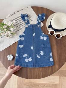 Falda peto de mezclilla lavada con estampado completo de cerezas para niñas pequeñas de moda informal - Azul - Ver 1