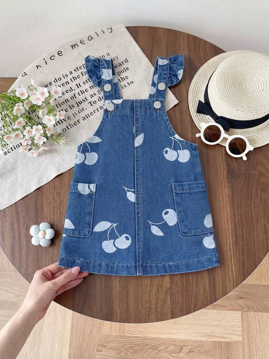 Falda peto de mezclilla lavada con estampado completo de cerezas para niñas pequeñas de moda informal - Azul - Ver 1