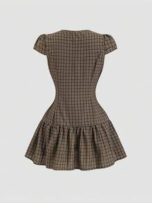 SHEIN Sweetro Đầm in họa tiết kiểu Pháp cổ điển, cổ ve lật, chân váy chữ A ôm eo. - Cà phê - Xem 2