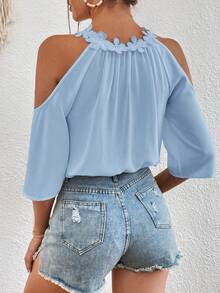 SHEIN VCAY Vacation Casual Solid Color Cold Shoulder Halter Shirt,Summer Top - Baby Blue - View 2