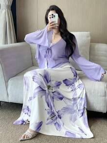 Vibekara Bộ trang phục thường ngày dành cho nữ cỡ lớn, gồm váy in hoa và áo khoác cardigan màu trơn. - Nhiều màu - Xem 1